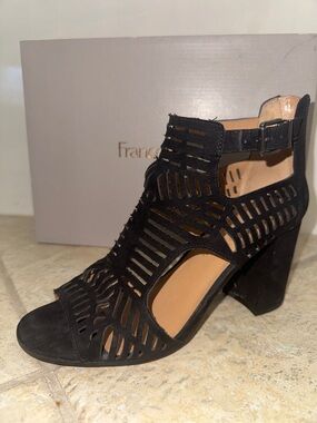 Franco Sarto Black Laser-Cut Block suede Heel Sandals